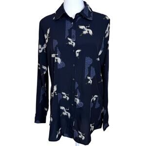 T Tahari Long Sleeve Crane Print Blouse Small/Petite Navy EUC